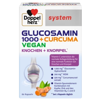 Abbildung der Produktverpackung Doppelherz system GLUCOSAMIN 1000 + CURCUMA VEGAN Frontansicht